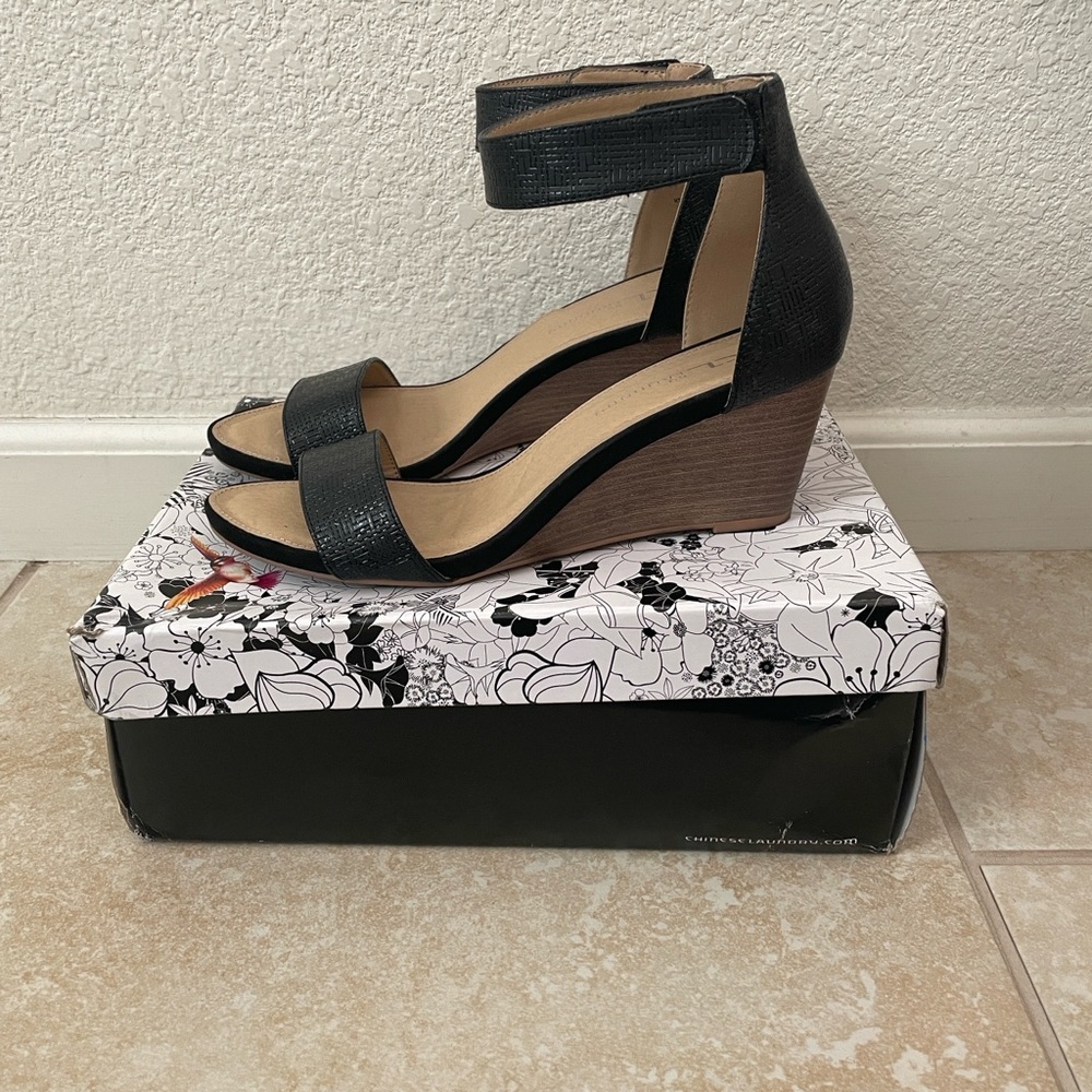 CL by Laundry Black Textured Ankle Strap Wedges